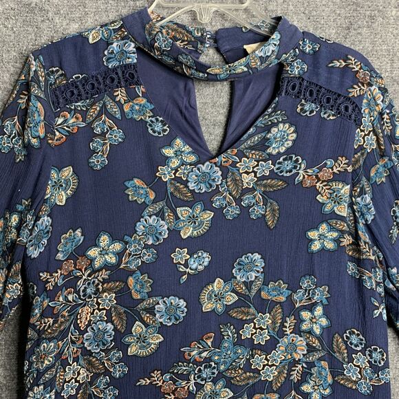 Altar’d State A Line Dress M Boho Blue Floral Bell Sleeves Crochet Cut Out Neck - Picture 2 of 16